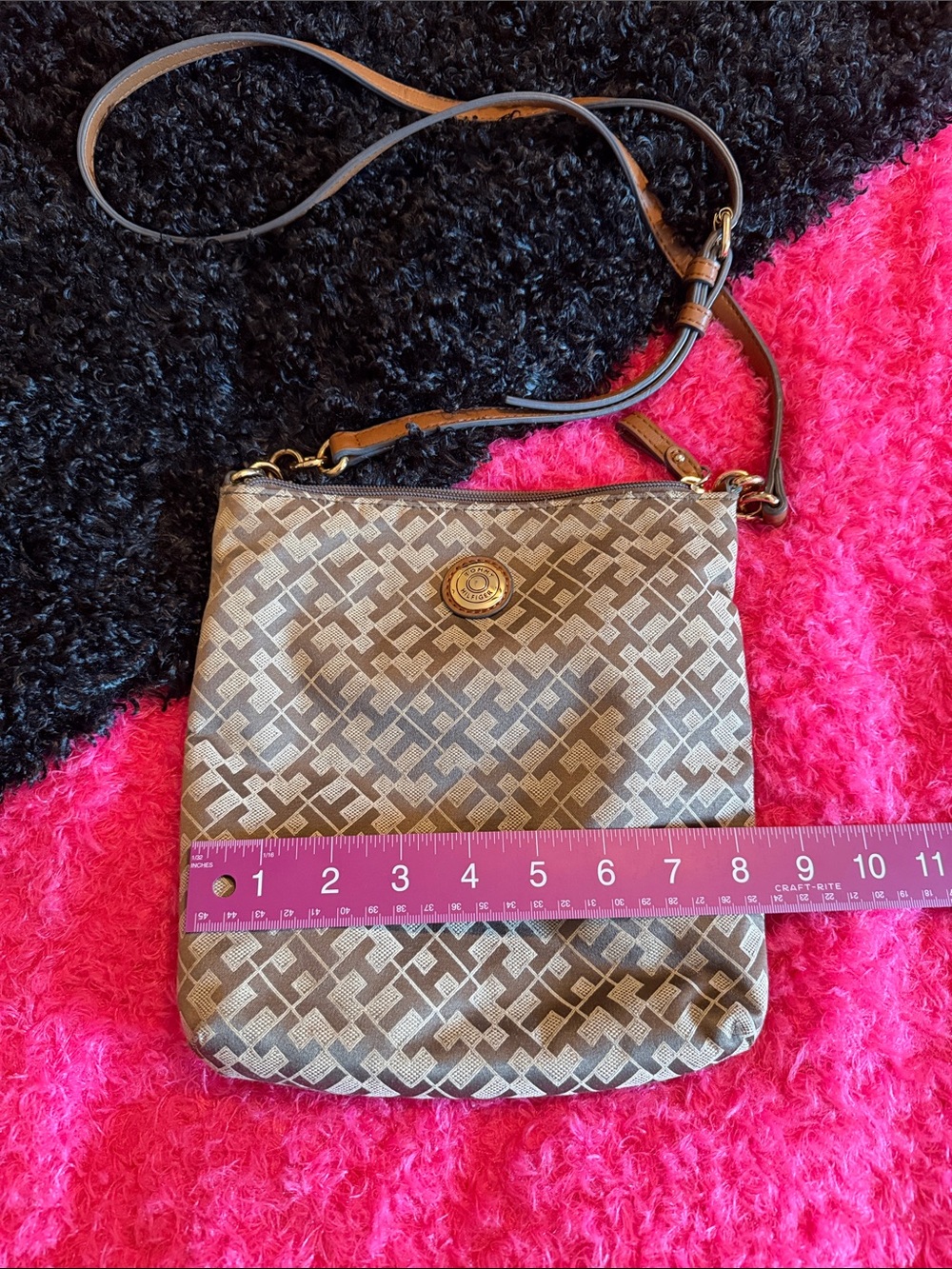 Tommy Hiliger brown  Patterned Crossbody Bag with Gold Accent